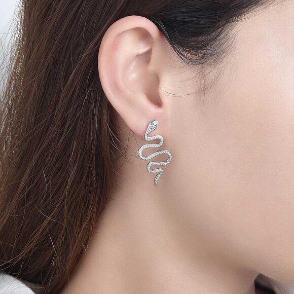 925 Sterling Silver Snake Dangle Earrings with Cubic Zirconia for Women - Picture 6 of 9